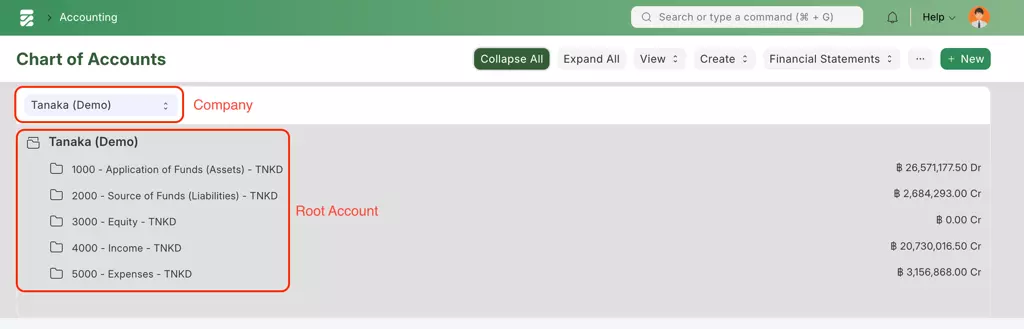 Company Name and Parent Account - ใน Chart of Account จะระบุชื่อบริษัทฯ, บัญชีหลัก และ บัญชีย่อย